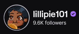 LilliPie's Twitch logo and follower count (9.6k). Logo is a cartoon of a black woman with black hair and chubby cheeks eating a cookie.
Image links to LilliPie's Twitch page.
