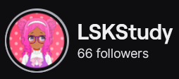 LSKStudy's Twitch logo and follower count (66). Logo is a cartoon of a black girl with pink and dark pink hair with glasses. She is wearing a purple jumper with a white top.
Image links to LSKStudy's Twitch page.

