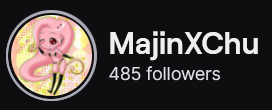MajinXChu's Twitch logo and follower count (485). Logo is a cartoon style picture of a female Majin Buu from Dragon Ball Z.
Image links to MajinXChu's Twitch page.