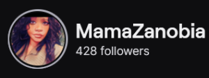 MamaZanobia's Twitch logo and follower count (428). Logo is a picture of a black woman with long curly brown hair. Image links to MamaZanobia's Twitch page.