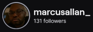 MarcusAllan's Twitch logo and follower count (131). Logo is a picture of a bald black man with a trimmed mustache and beard, wearing glasses. Image links to MarcusAllan's Twitch page.