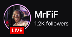 MrFIF's Twitch logo and follower count (1.2k). Logo is a picture of a smiling bald black man wearing black headphones and sunglasses while laughing/talking into a mic.
Image links to MrFIF's Twitch page.
