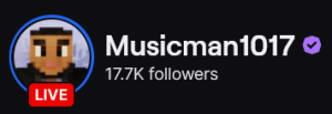 MusicMan1017's Twitch logo and follower count (17.7k). Logo is a bit cartoon of a black man with short hair and a black shirt. Image links to MusicMan1017's Twitch page.
