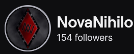 NovaNihilo's Twitch logo and follower count (154). Logo is red diamond with two "N's" overlapping. Image links to NovaNihilo's Twitch page.