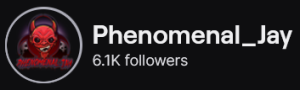 Phenomenal_Jay's Twitch logo and follower count (6.1k). Logo is a cartoon red devil with black eyes and a high collar black cloak with "Phenomenal Jay" across the bottom.
Image links to Phenomenal_Jay's Twitch page.
