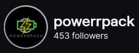 PowerrPack's Twitch logo and follower count (453). Logo is a black background with the outline of a green battery with a yellow lightning bolt in the center with power pack at the bottom. Image links to PowerrPack's Twitch page.
