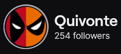 Quivonte's Twitch logo and follower count (254). Logo is half Deadpool's mask and half of Spider Man's.
Image links to Quivonte's Twitch page.
