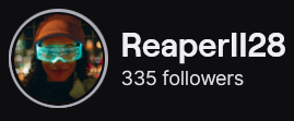 ReaperII28's Twitch logo and follower count (335). Logo is a picture of a black woman with long curly hair, wearing a orange beanie, and aqua colored transparent visor style glasses. Image links to ReaperII28's Twitch page.