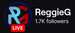 ReggieG's Twitch logo and follower count (1.7k). Logo is a light blue R and a red G. Image links to ReggieG's Twitch page.