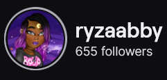 RyzaaBby's Twitch logo and follower count (655). Logo is a cartoon style picture of a black woman with black to purple ombre straight hair and a gold crescent moon on her forehead. 
Image links to RyzaaBby's Twitch page.