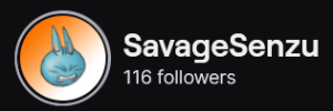 SavageSenzu's Twitch logo and follower count (116). Logo is a picture of light blue cartoon rabbit making an angry face. Image links to SavageSenzu's Twitch page.
