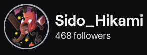 Sido_Hikami's Twitch logo and follower count (468). Logo is a cartoon style picture of a black person (masc presenting), wearing an orange jacket, and falling through the sky. Image links to Sido_Hikami's Twitch page.