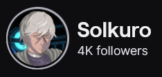 Solkuro's Twitch logo and follower count (4k). Logo is a cartoon or anime style picture of a tan skinned man with dirty platinum blonde hair and a cross cuts on his face between his eyes, wearing a green and black jacket. Image links to Solkuro's Twitch page.

