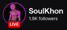 SoulKhon's Twitch logo and follower count (1.9k). Logo is a cartoon of a shirtless bald black man with neon pink designs all over his body. Image links to SoulKhon's Twitch page.
