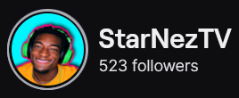 StarNezTV's Twitch logo and follower count (523). Logo is a picture of a smiling black man wearing a yellow shirt and green headphones, against a bright blue background. Image links to StarNezTV's Twitch page.