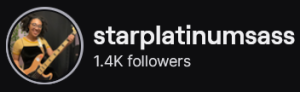 StarPlatinumSass' Twitch logo and follower count (1.4k). Logo is a picture of a smiling black woman holding a tan and black electric guitar. Image links to StarPlatinumSass' Twitch page.