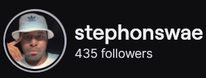 StephonSwae's Twitch logo and follower count (435). Logo is a picture of a black man wearing a white bucket Adidas hat.
Image links to  Twitch page.