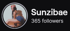 SunziBae's Twitch logo and follower count (365). Logo is picture of a black woman with long straight black hair, crouching and looking over her left shoulder, wearing a green bra and blue jean shorts. Image links to SunziBae's Twitch page.