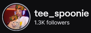 Tee_Spoonie's Twitch logo and follower count (1.3k). Logo is a picture of a black person wearing a white top with their cat, both wearing kente cloth hats. Image links to Tee_Spoonie's Twitch page.
