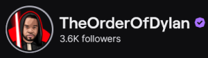 TheOrderOfDylan's Twitch logo and follower count (3.6k). Logo is a picture of a black man with a mustache and beard, wearing a black robe with the hood up (sith lord) and holding a red lightsaber. Image links to TheOrderOfDylan's Twitch page.