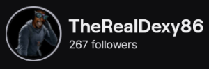 TheRealDexy86's Twitch logo and follower count (267). Logo is a cartoon style picture of a masc presenting black person wearing an all black outfit and green aviator style goggles. Image links to TheRealDexy86's Twitch page.