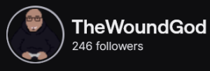 TheWoundGod's Twitch logo and follower count (246). Logo is a cartoon style picture of a black person (masc presenting) wearing a black hoodie. Image links to TheWoundGod's Twitch page.