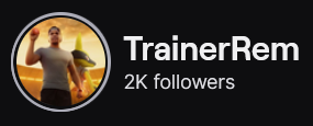 TrainerRem's Twitch logo and follower count (2k). Logo is a picture of a black man wearing a grey shirt and black pants holding a pokéball. Next to him is a shiny Lucario (Pokemon). The picture is styled like the characters in Pokémon UNITE.
Image links to TrainerRem's Twitch page.