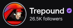 TrePound's Twitch logo and follower count (26.5k). Logo is a cartoon style picture of a boy with black hair and a red baseball cap flipped backwards (Yusuke Urameshi) in a red car, pointing his finger like a gun out the window (Yusuke's spirit gun). Image links to TrePound's Twitch page.