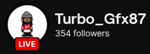 Turbo_GFX87's Twitch logo and follower count (354). Logo is a full body cartoon style picture of a black man. Image links to Turbo_GFX87's Twitch page.
