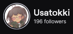 Usatokki's Twitch logo and follower count (196). Logo is a cartoon style picture of a smiling black girl with thin framed glasses, with long dark brown hair and mini ponytails.
Image links to UsaTokki's Twitch page.