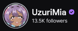 UzuriMia's Twitch logo and follower count (13.5k). Logo is a cartoon style picture of a black woman with light purple hair. Image links to UzuriMai's Twitch page.