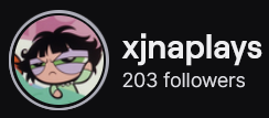 XjnaPlays' Twitch logo and follower count (203). Logo is a picture of Buttercup (Powerpuff Girls) waking up from with messy hair. Image links to XjnaPlays' Twitch page.