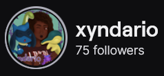 Xyndario's Twitch logo and follower count (75). Logo is a cartoon style picture of a black woman with Cyndaquil (Pokemon) and Lucario (Pokemon) on her shoulders. Image links to Xyndario's Twitch page.