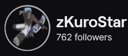 ZKuroStar's Twitch logo and follower count (762). Logo is a full body cartoon style picture of a black man with blue spiky hair and a giant sword. Image links to ZKuroStar's Twitch page.